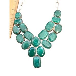 925 Sterling Silver Green Emerald Statement Bib Necklace Handcrafted Jewelry